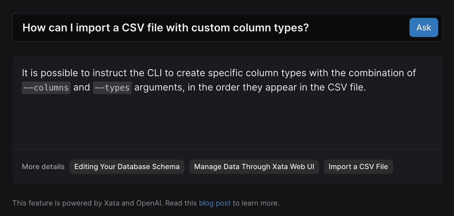 Question for the Xata bot: How can I import a CSV file with custom column types?